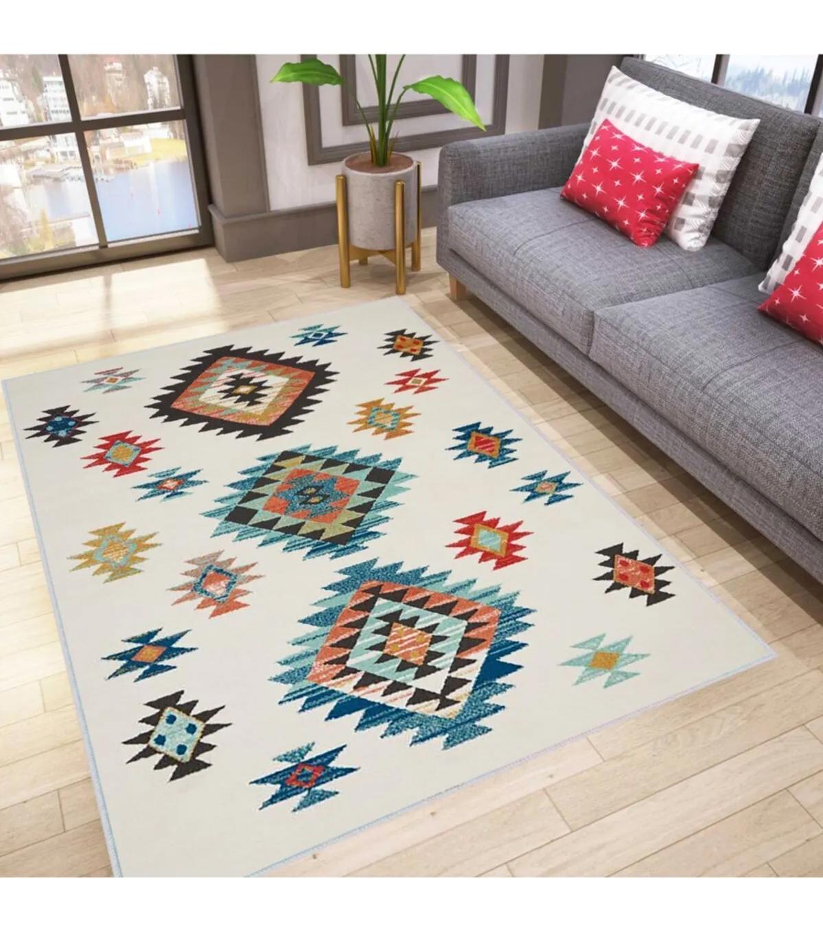 Rovigo Home RVG1021 Krem 8 mm Polyester Antibakteriyel-Leke Tutmaz-Toz Tutmaz Yıkanabilir İnce Kaymaz Dot Taban Dikdörtgen Makine Dokuma Salon Halısı 150x230 cm