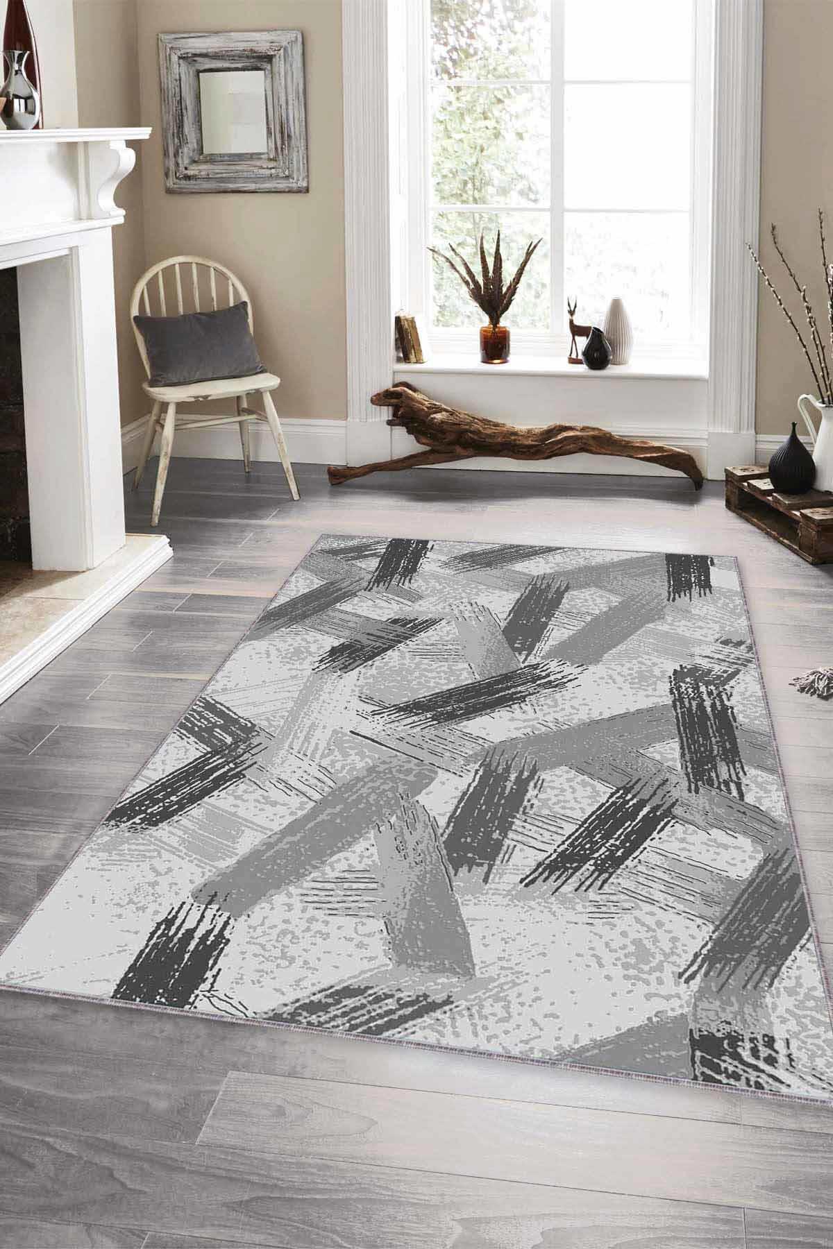 Viva Home FR01 Gri 7 mm Mikropolyester Toz Tutmaz Yıkanabilir İnce Kaymaz Dot Taban Dikdörtgen Makine Dokuma Salon Halısı 60x120 cm