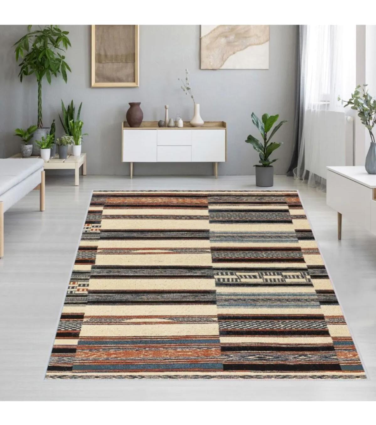 Rovigo Home RVG1246 Çok Renkli 8 mm Polyester Antibakteriyel-Leke Tutmaz-Toz Tutmaz Yıkanabilir İnce Kaymaz Dot Taban Dikdörtgen Makine Dokuma Salon Halısı 200x290 cm