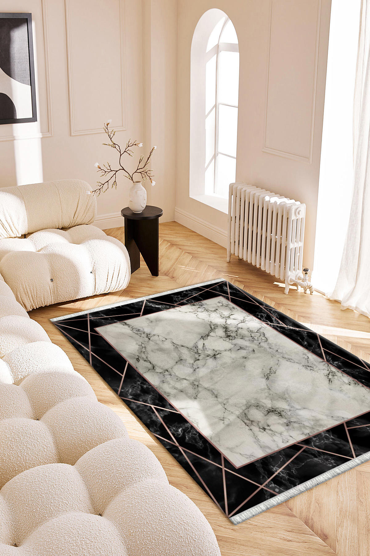 Roslyn Home Beyaz - Siyah 6 mm Polyester Antibakteriyel Yıkanabilir İnce Kaymaz Dot Taban Dikdörtgen Makine Dokuma Salon Halısı 100x200 cm