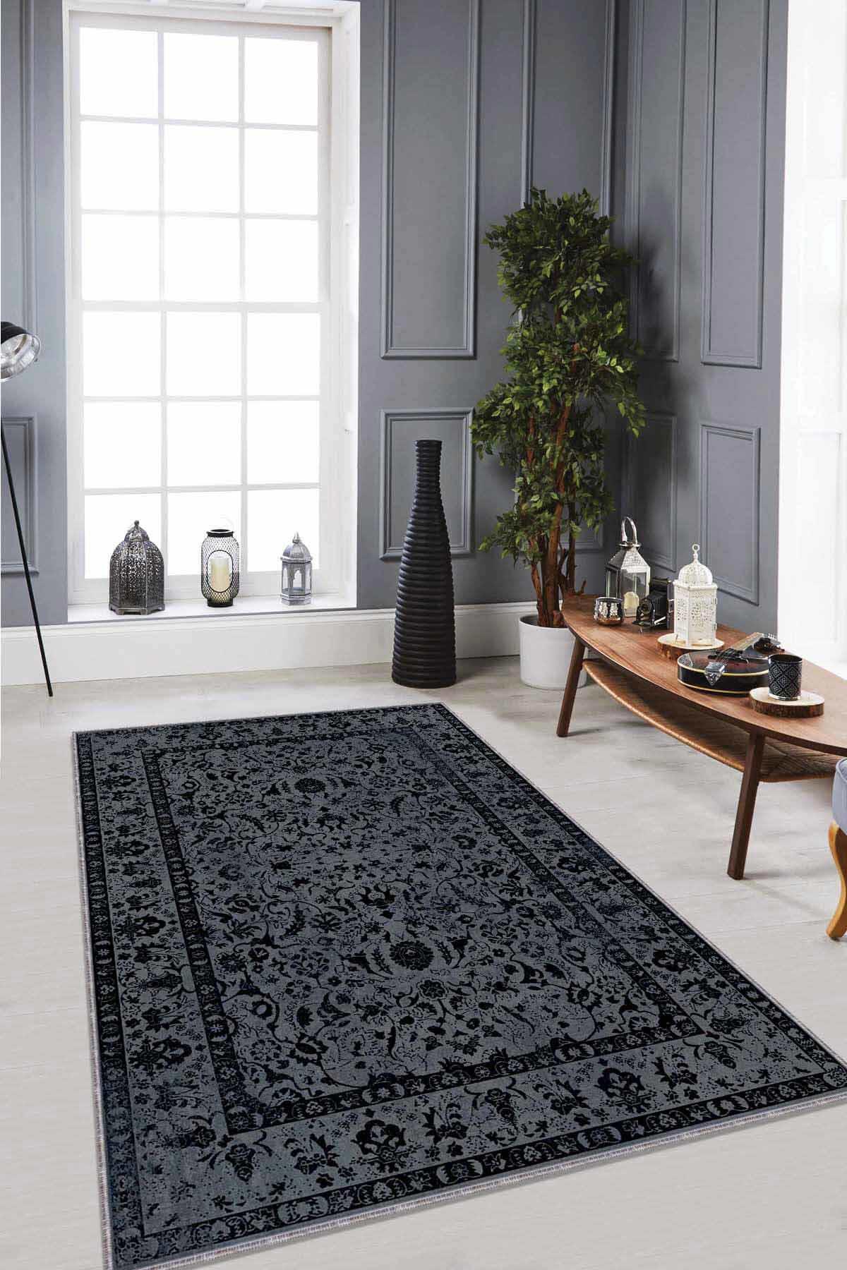 Viva Home RV287 Antrasit 7 mm Mikropolyester Yıkanabilir İnce Kaymaz Jüt Taban Dikdörtgen Makine Dokuma Salon Halısı 160x160 cm