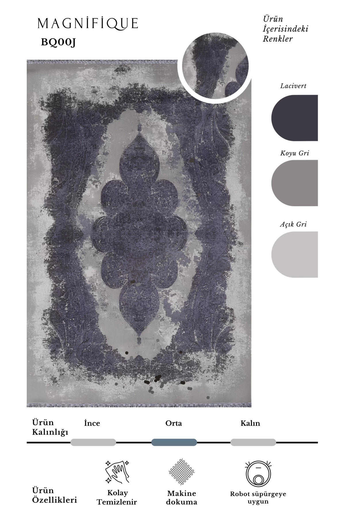 Pierre Cardin Magnifique Gri-Lacivert 6 mm İpek Yumuşak Yıkanabilir İnce Kaymaz Dikdörtgen Makine Dokuma Salon Halısı 80x500 cm