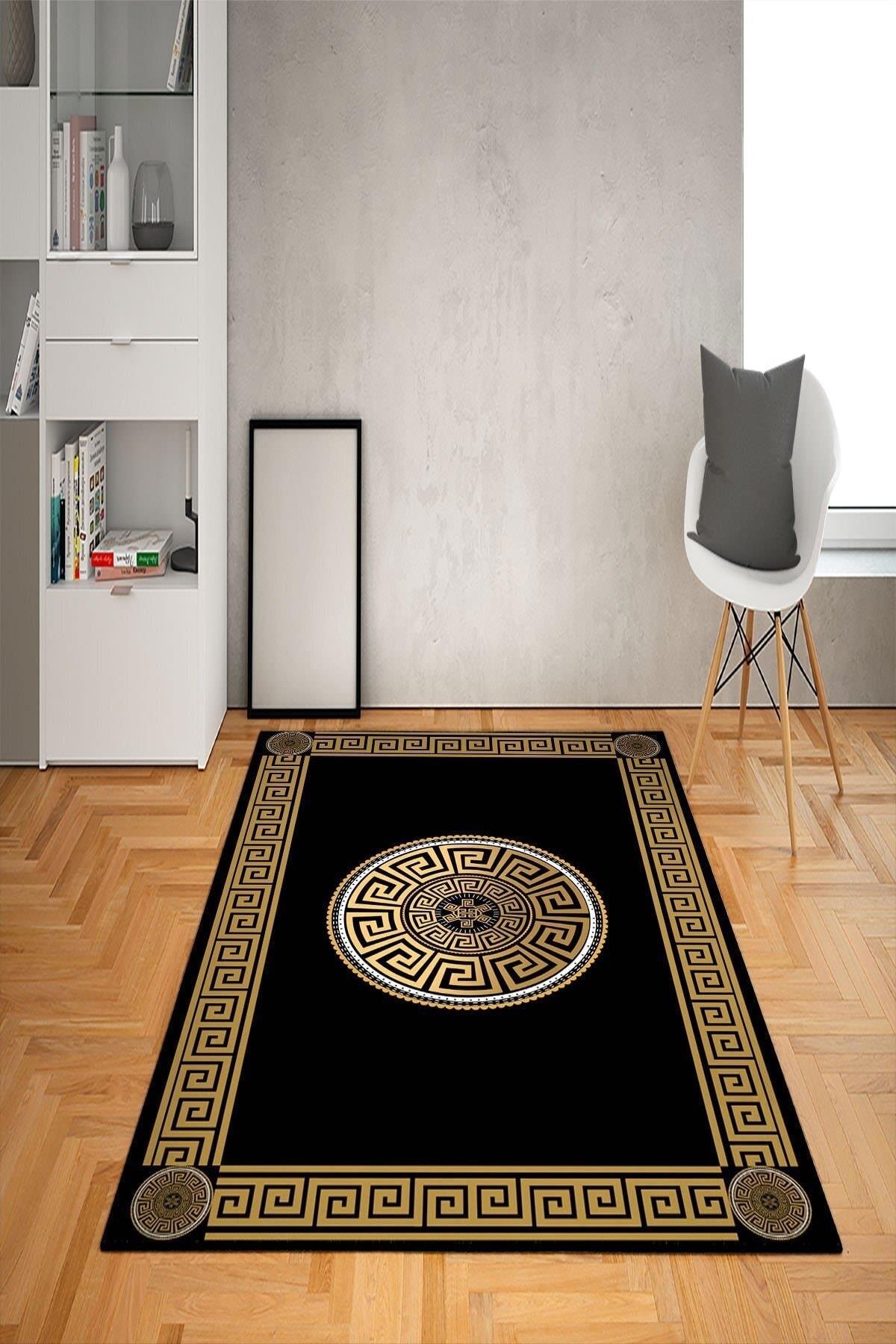 Doruklar Home Collection Altın-Siyah 0.7 mm Antibakteriyel Yıkanabilir Kalın Kaymaz Taban Dikdörtgen Makine Dokuma Çocuk Odası Halısı 180x180 cm