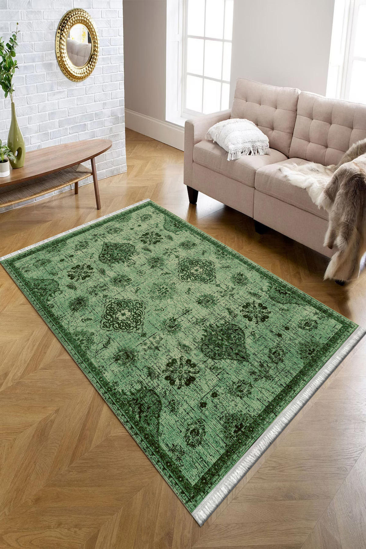 Kreatif Halı Beyaz - Yeşil 4 mm Polyester Antibakteriyel Yıkanabilir İnce Kaymaz Çiçek Desenli Dikdörtgen Makine Dokuma Salon Halısı