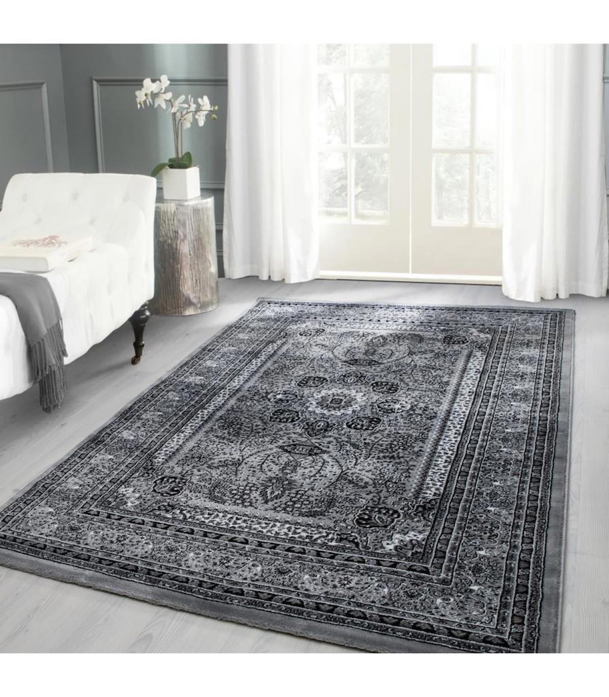 Carpettex Gri-Siyah 12 mm Polipropilen Yıkanabilir Kalın Jüt Taban Dikdörtgen Makine Dokuma Salon Halısı 100x400 cm