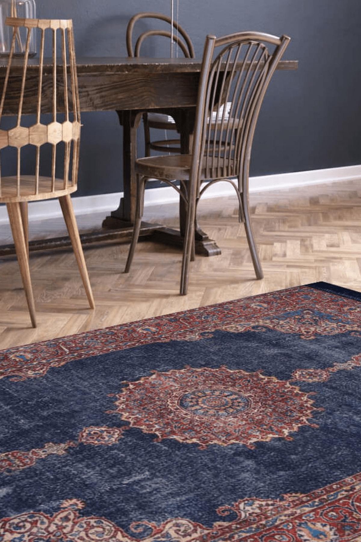 Artloop AL-87 Lacivert 4 mm Polyester Yıkanabilir İnce Kaymaz Jüt Taban Dikdörtgen Makine Dokuma Salon Halısı 80x150 cm