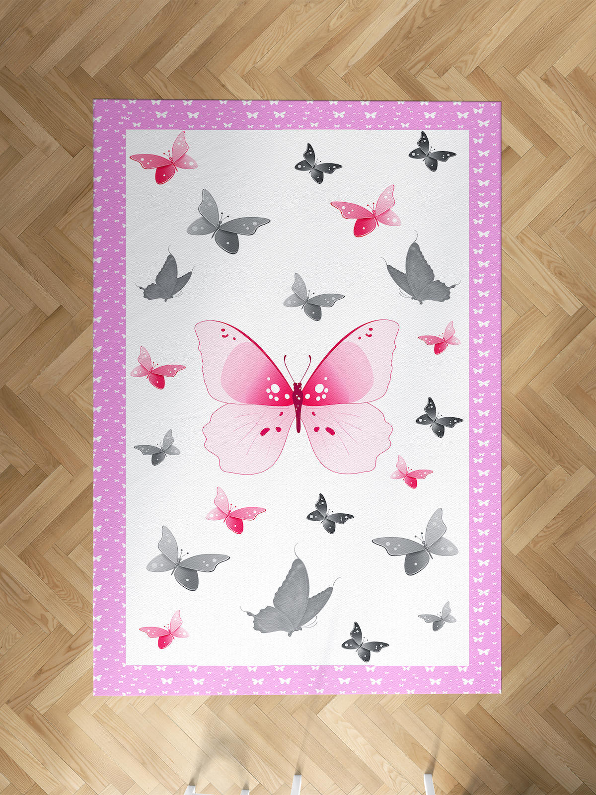Mekta Home Kelebek Çok Renkli 10 mm Antibakteriyel Yıkanabilir İnce Kaymaz Dot Taban Dikdörtgen Makine Dokuma Çocuk Odası Halısı 110x110 cm