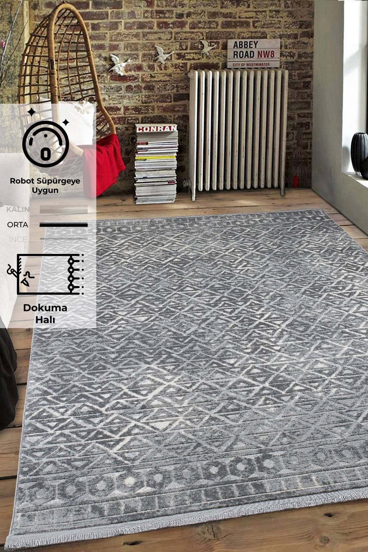 Konfor Halı Notta 1108 Gri 7 mm Polyester Yıkanabilir Dikdörtgen Makine Dokuma Salon Halısı 200x300 cm