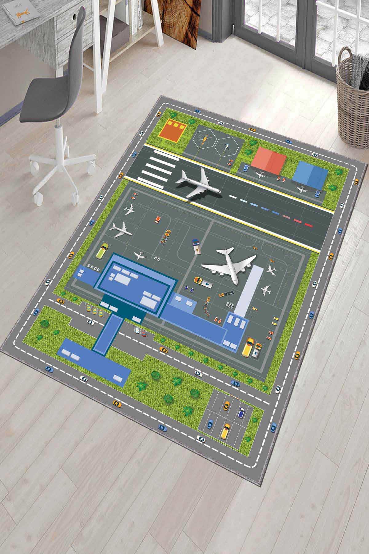 Viva Home AR292 Yeşil 7 mm Mikropolyester Yalıtıma Yardımcı Yıkanabilir İnce Kaymaz Taban Futbol Temalı Dikdörtgen Makine Dokuma Çocuk Odası Halısı 40x60 cm