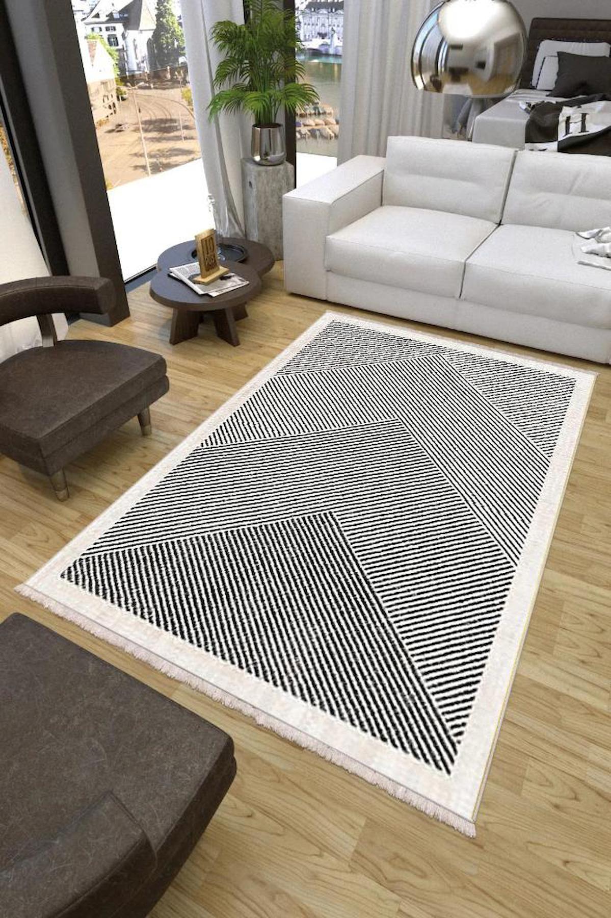 10 Post Online Beyaz - Siyah 4 mm Polyester Yıkanabilir Kalın Kaymaz Lateks Taban Dikdörtgen Makine Dokuma Salon Halısı 200x290 cm