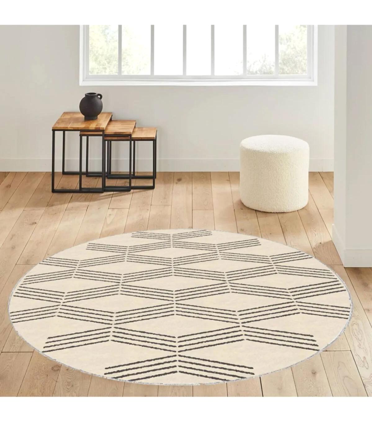 Rovigo Home RVG7103 Krem 8 mm Polyester Antibakteriyel-Leke Tutmaz-Toz Tutmaz Yıkanabilir İnce Kaymaz Dot Taban Yuvarlak Makine Dokuma Salon Halısı 100x300 cm