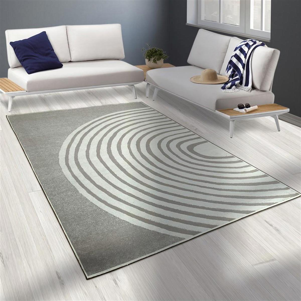 Carpettex Beyaz - Krem 8 mm Şönil Antibakteriyel Yıkanabilir İnce Kaymaz Şönil Taban Geometrik Dikdörtgen Makine Dokuma Salon Halısı 120x180 cm