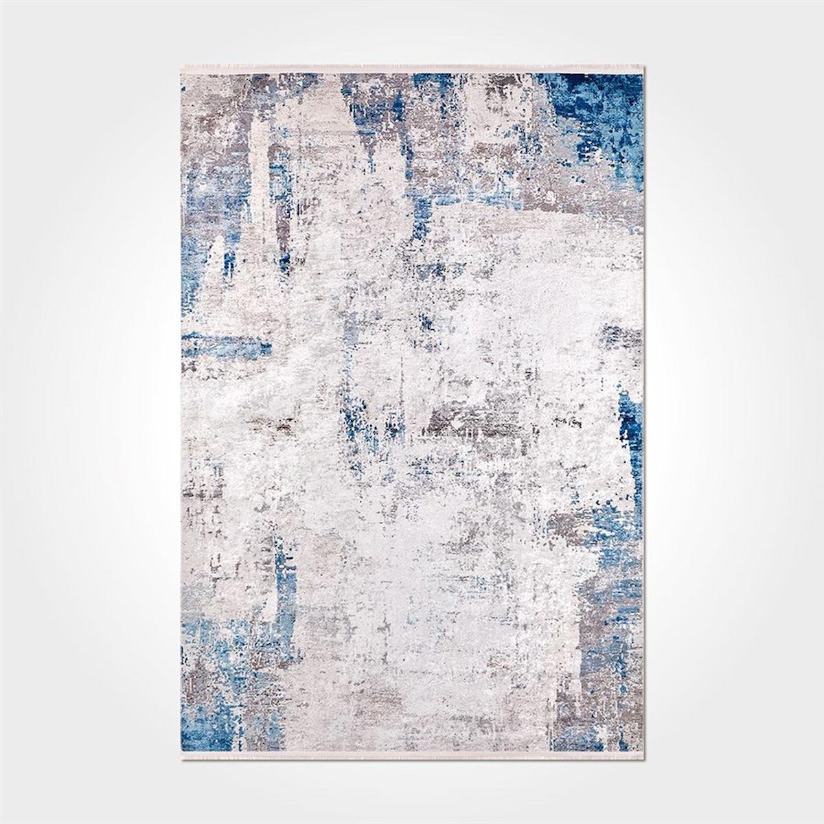 Crea Halı 2038PC Mavi Pamuk-Polyester Yıkanabilir Orta Kaymaz Pamuk Taban Soyut Temalı Dikdörtgen Makine Dokuma Salon Halısı 160x230 cm