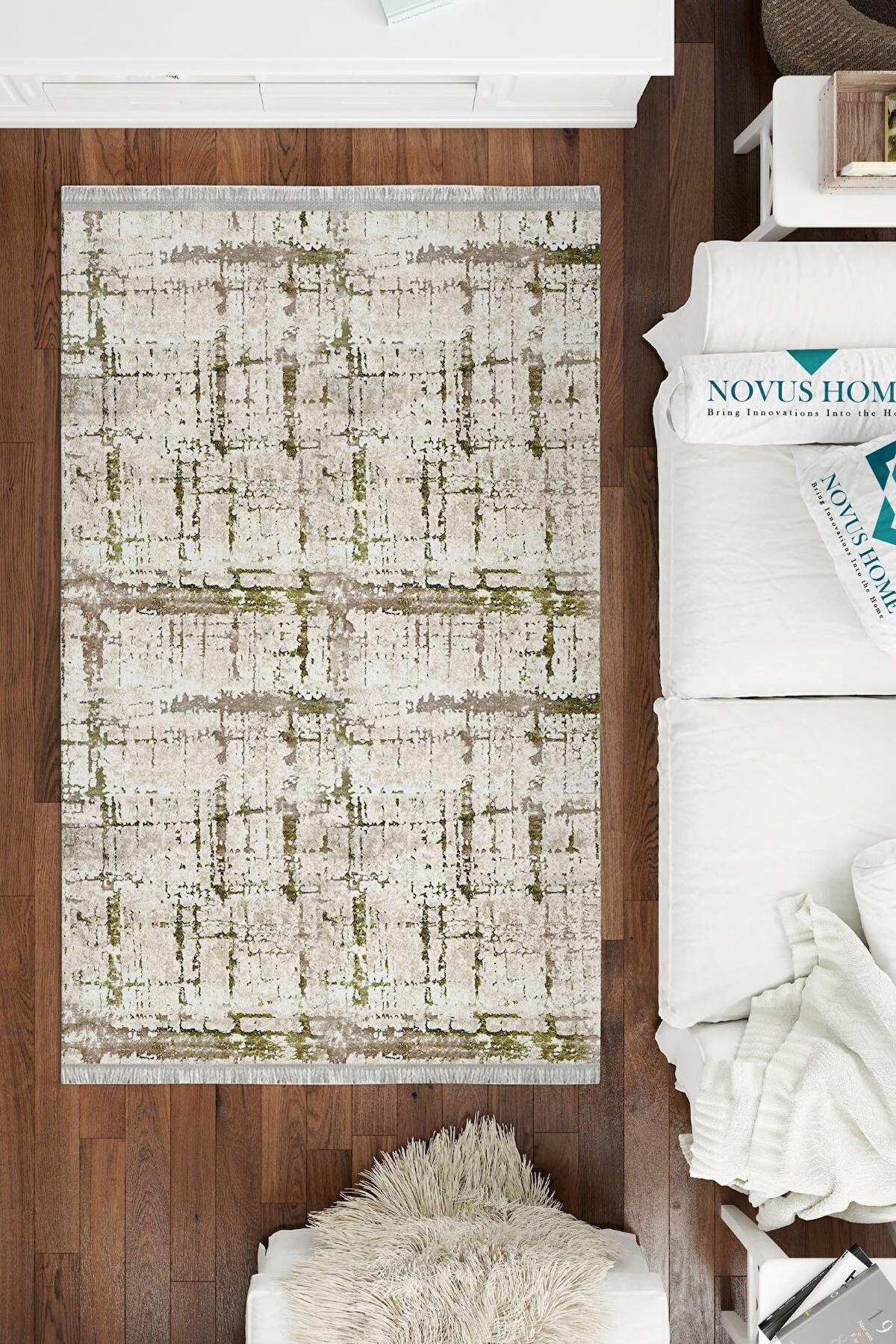 Novus Home Cotton Serisi Krem-Vizon 5 mm Pamuk Antibakteriyel-Toz Tutmaz-Yalıtıma Yardımcı Yıkanabilir İnce Kaymaz Taban Dikdörtgen Makine Dokuma Antre-Salon-Yatak Odası Halısı 120x180 cm