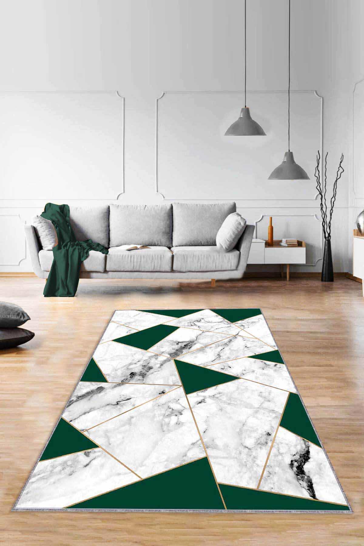 Viva Home RV168 Yeşil 7 mm Mikropolyester Yalıtıma Yardımcı Yıkanabilir İnce Kaymaz Taban Dikdörtgen Makine Dokuma Antre-Salon-Yatak Odası Halısı 80x140 cm