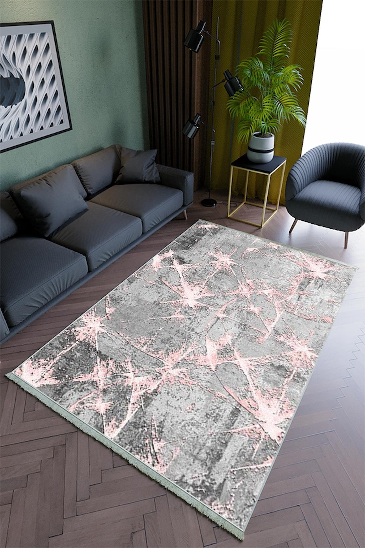 10 Post Online Pembe 4 mm Polyester Yıkanabilir Kalın Kaymaz Lateks Taban Dikdörtgen Makine Dokuma Salon Halısı 120x200 cm