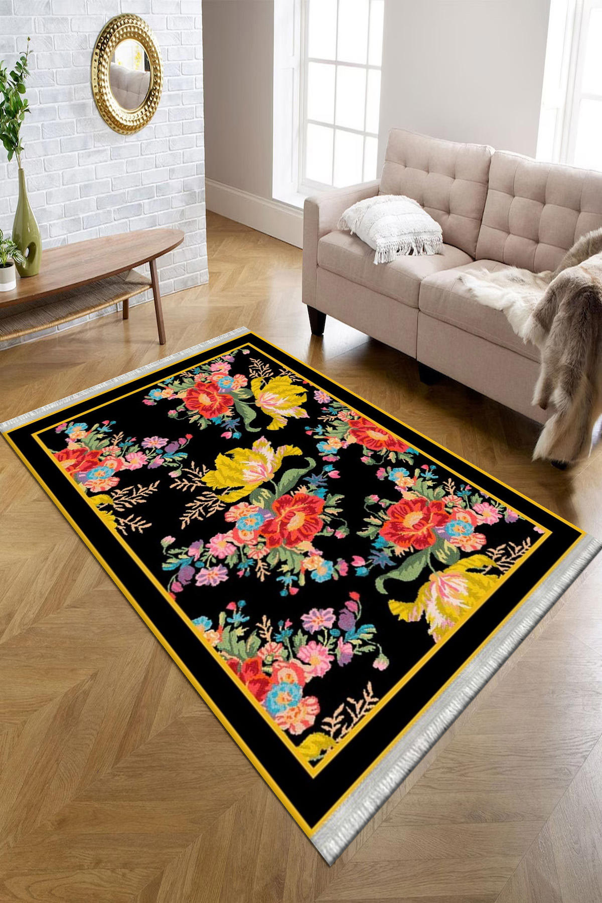 Kreatif Halı Sarı 4 mm Polyester Antibakteriyel Yıkanabilir İnce Kaymaz Pamuk Taban Çiçek Desenli Dikdörtgen Makine Dokuma Salon Halısı 100x150 cm
