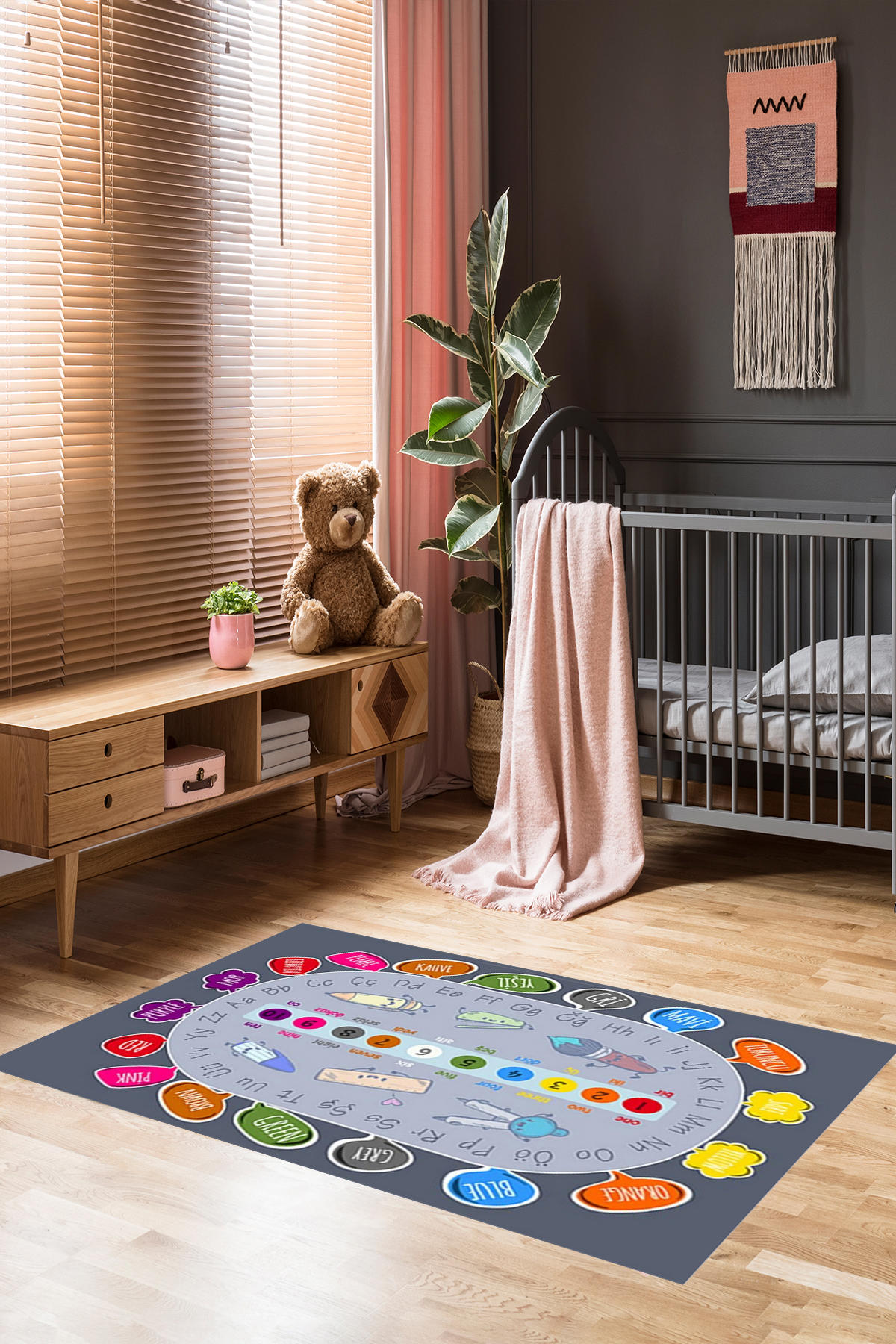 Homier Collection H-CK-10102A Gri 7 mm Pamuk Antibakteriyel Yıkanabilir Orta Kaymaz Dot Taban Dikdörtgen Makine Dokuma Çocuk Odası Halısı 100x200 cm