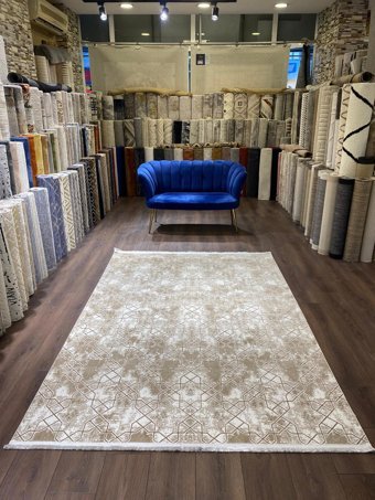 İlhanın Halıları Kahverengi - Krem 8 mm Viskon Antibakteriyel Yıkanabilir Kalın Kaymaz Lateks Taban Dikdörtgen Makine Dokuma Salon Halısı 100x200 cm