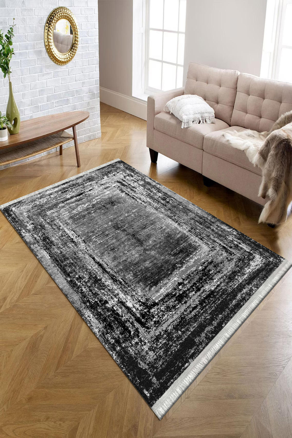 Kreatif Halı Gri 4 mm Polyester Antibakteriyel Yıkanabilir İnce Kaymaz Pamuk Taban Dikdörtgen Makine Dokuma Salon Halısı 160x230 cm