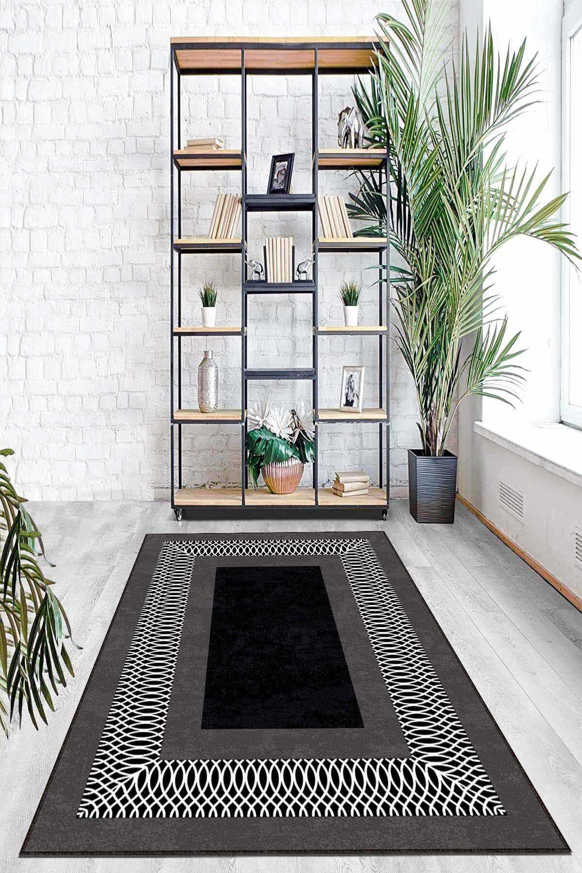 Viva Home AR941 Antrasit 7 mm Mikropolyester Yıkanabilir İnce Kaymaz Jüt Taban Dikdörtgen Makine Dokuma Salon Halısı 120x400 cm