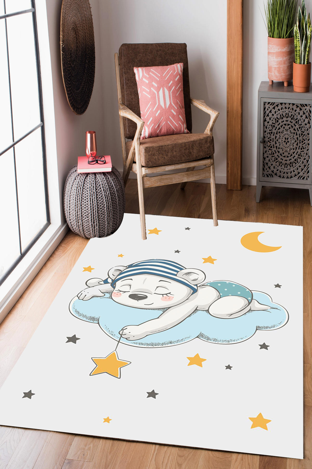 Homier Collection H-CK-10089B Krem 9 mm Pamuk Antibakteriyel Yıkanabilir Orta Kaymaz Dikdörtgen Makine Dokuma Çocuk Odası Halısı 80x150 cm