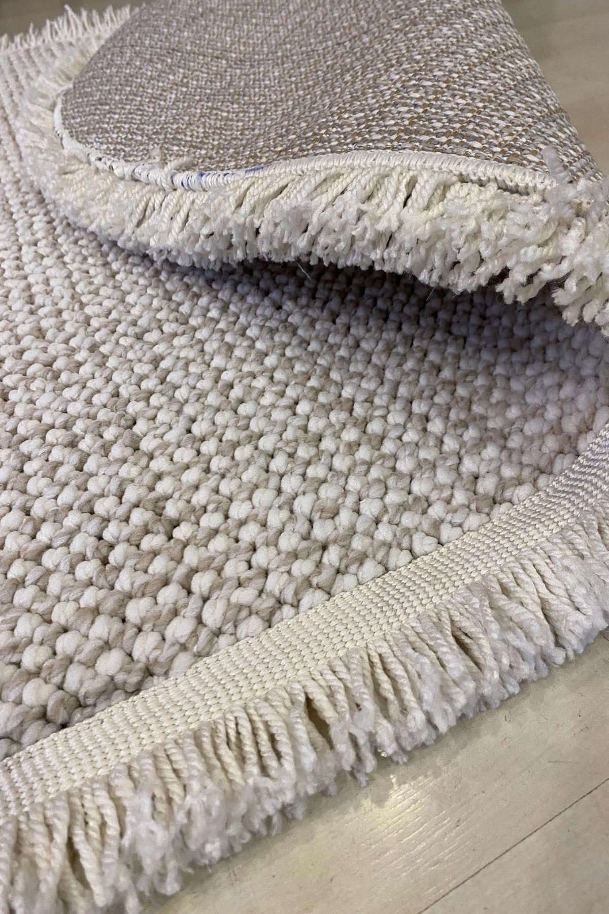 Eko Halı Motto Krem 10 mm Polyester Hav Tutmaz Yıkanabilir İnce Kaymaz Oval Makine Dokuma Salon Halısı 180x300 cm
