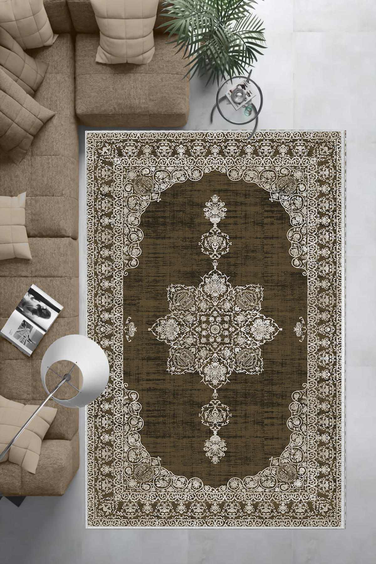 Aldora Kahverengi 0.8 mm Polipropilen Yıkanabilir Orta Kaymaz Deri Taban Dikdörtgen Makine Dokuma Salon Halısı 120x180 cm