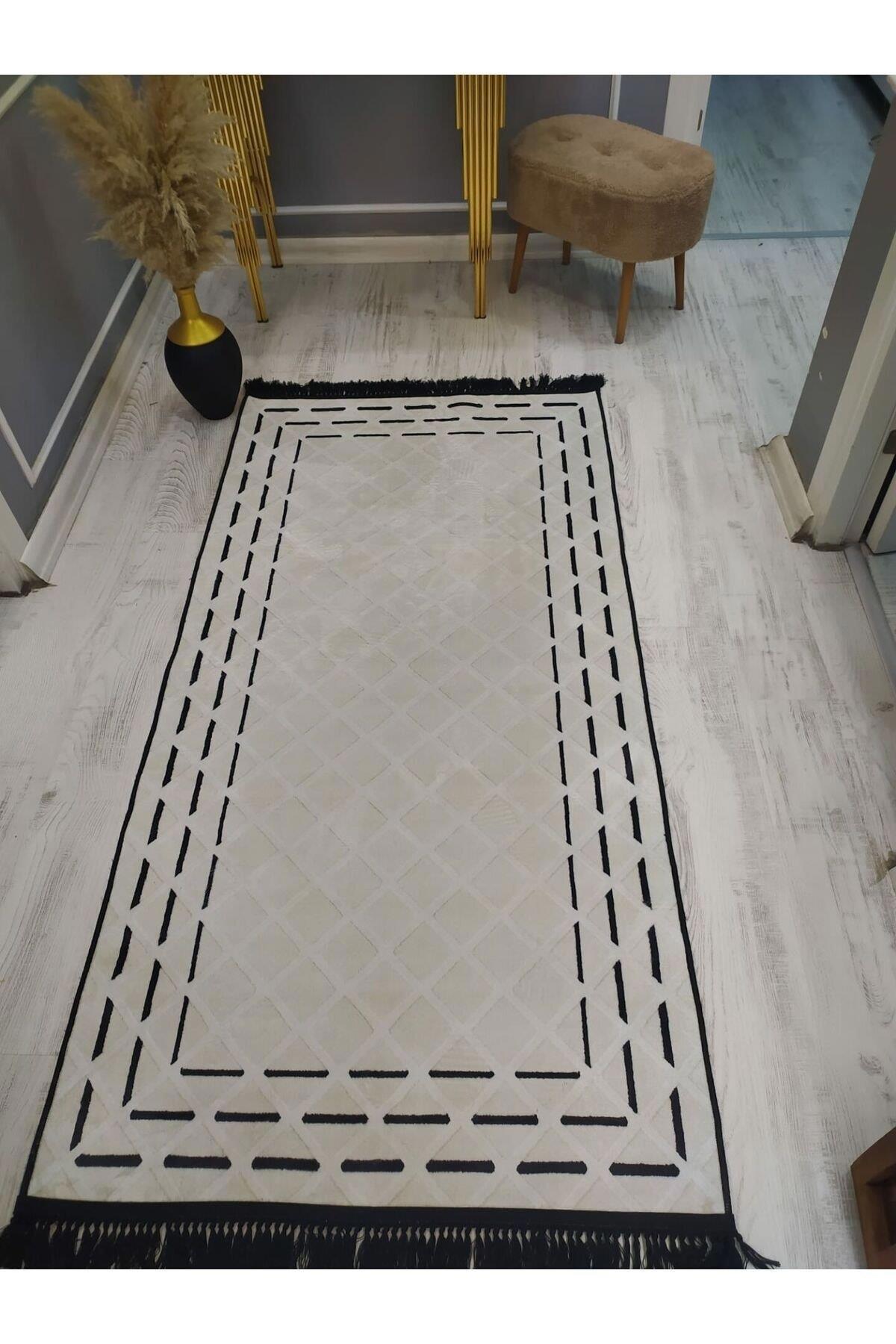 Doruklar Home Collection Krem 0.7 mm Yıkanabilir Kaymaz Taban Geometrik Dikdörtgen Makine Dokuma Halı 80x700 cm
