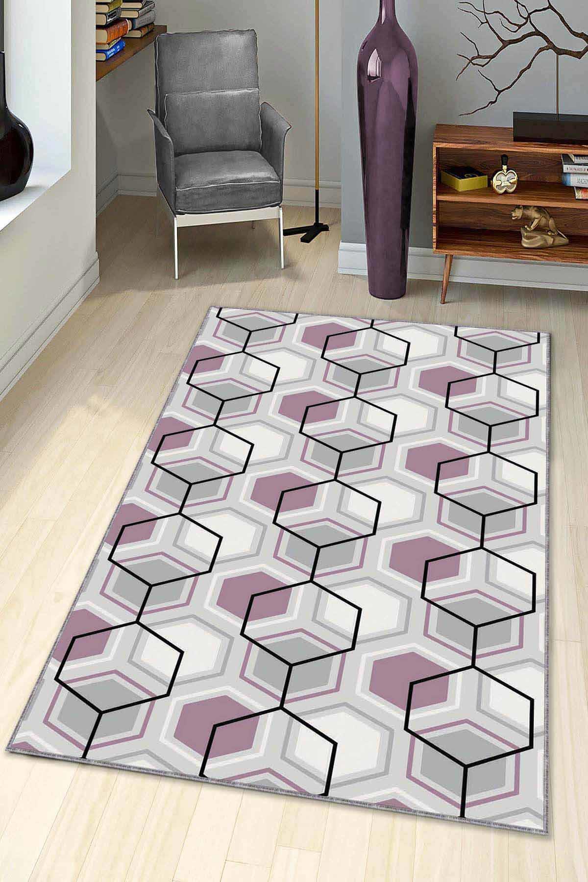Viva Home BE06 Pembe 7 mm Mikropolyester Leke Tutmaz Yıkanabilir İnce Kaymaz Dot Taban Dikdörtgen Makine Dokuma Salon Halısı 120x200 cm