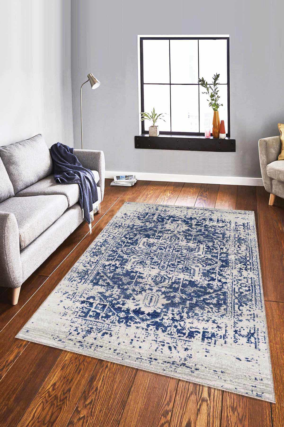 Viva Home RV297 Mavi 7 mm Mikropolyester Antialerjenik Yıkanabilir İnce Kaymaz Dikdörtgen Makine Dokuma Salon Halısı 150x220 cm