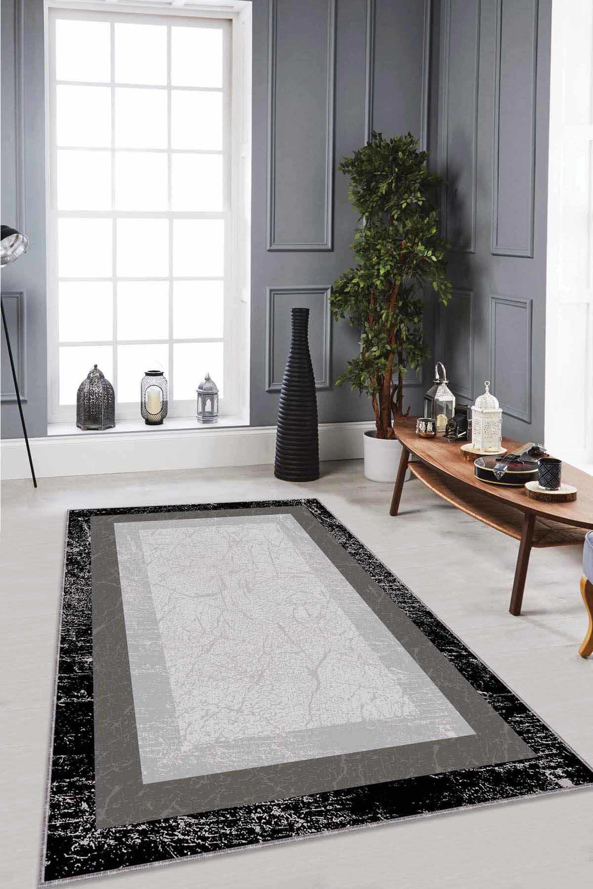 Viva Home RV101 Gri 7 mm Mikropolyester Toz Tutmaz Yıkanabilir İnce Kaymaz Dot Taban Dikdörtgen Makine Dokuma Salon Halısı 80x150 cm