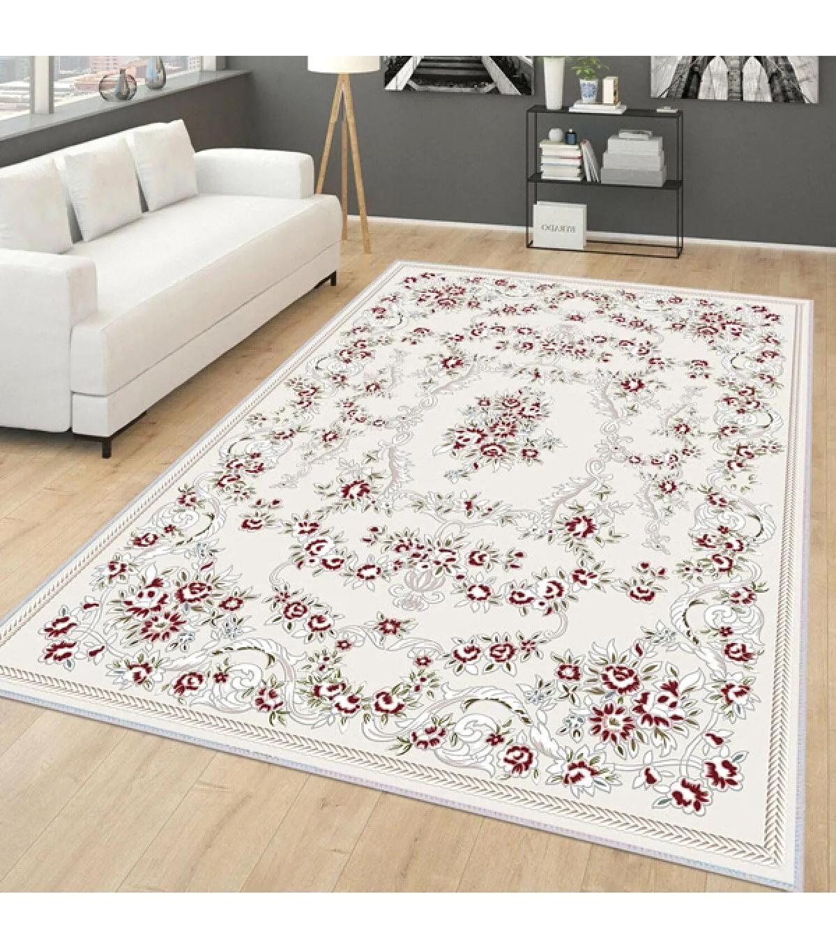 Rovigo Home RVG0168-SD478 Krem - Mor 8 mm Polyester Yıkanabilir Orta Kaymaz Dot Taban Dikdörtgen Makine Dokuma Salon Halısı 80x500 cm