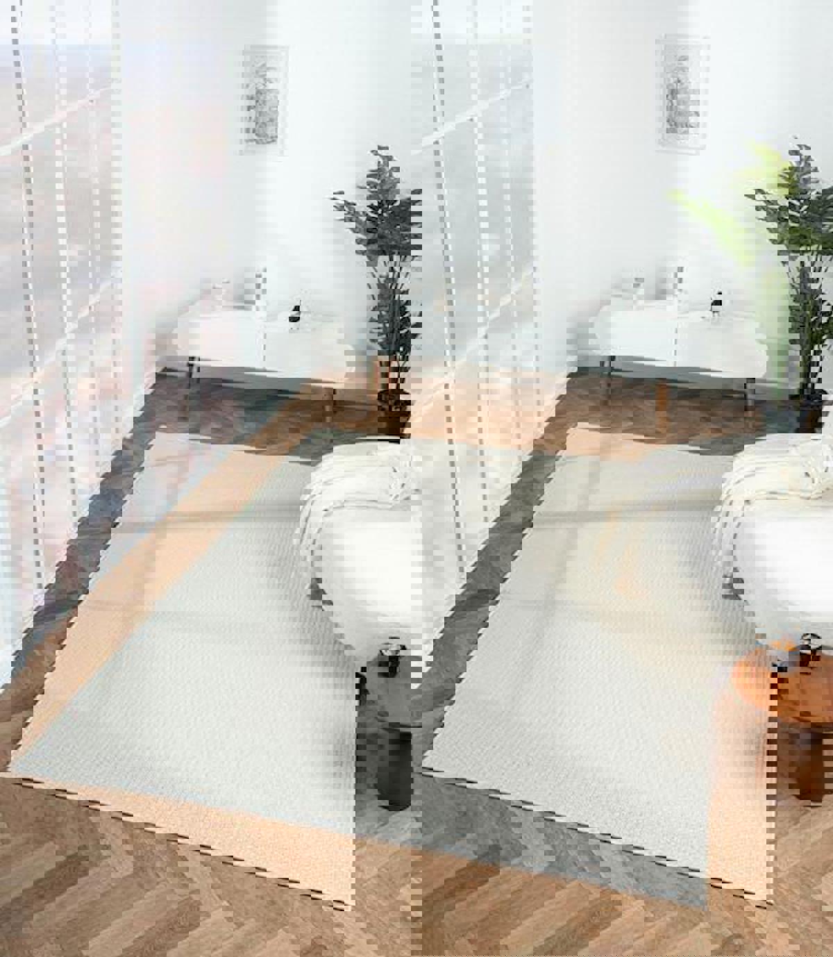 Çam Halı TB001A Beyaz 6 mm Polyester Silinebilir Yıkanabilir Orta Kaymaz Jüt Taban Dikdörtgen Makine Dokuma Salon Halısı 200x290 cm