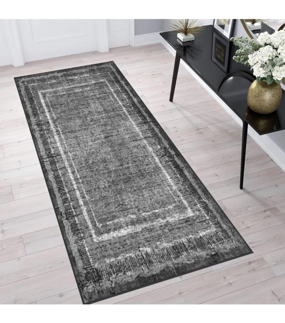 Rovigo Home RVG1373-HT972 Gri 8 mm Polyester Antibakteriyel-Leke Tutmaz-Toz Tutmaz Yıkanabilir İnce Kaymaz Dot Taban Dikdörtgen Makine Dokuma Salon Halısı 80x150 cm