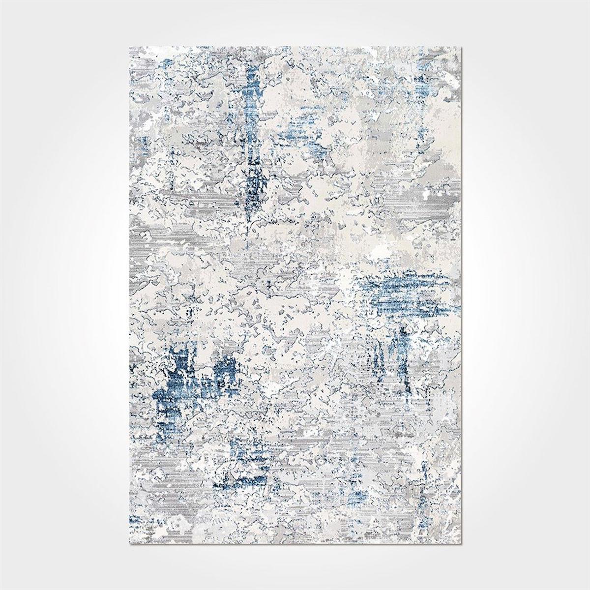 Crea Halı 2552PC Mavi Pamuk-Polyester Yıkanabilir İnce Kaymaz Pamuk Taban Soyut Temalı Dikdörtgen Makine Dokuma Salon Halısı 120x180 cm