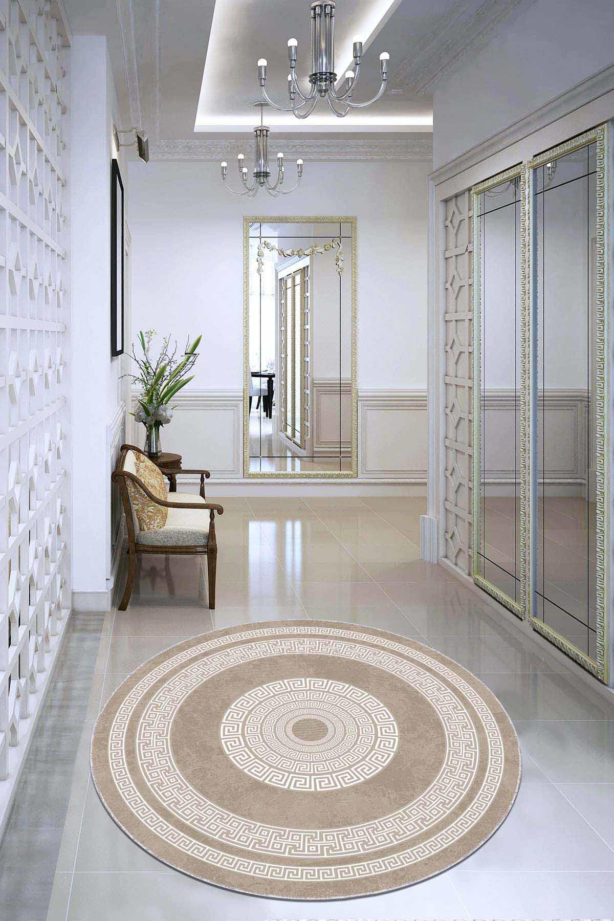 Viva Home AR925 Bej 7 mm Mikropolyester Yıkanabilir İnce Kaymaz Jüt Taban Yuvarlak Makine Dokuma Salon Halısı 100x300 cm