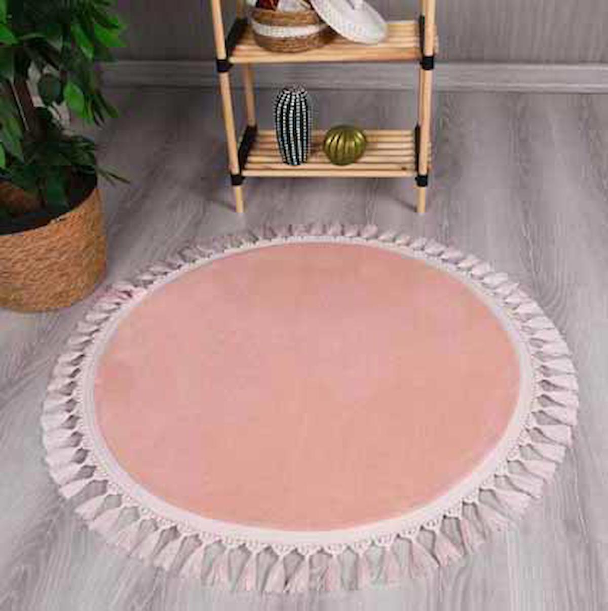 My Evilla Pembe 10 mm Polyester Antibakteriyel Yıkanabilir İnce Kaymaz Jüt Taban Yuvarlak Makine Dokuma Salon Halısı 180x280 cm