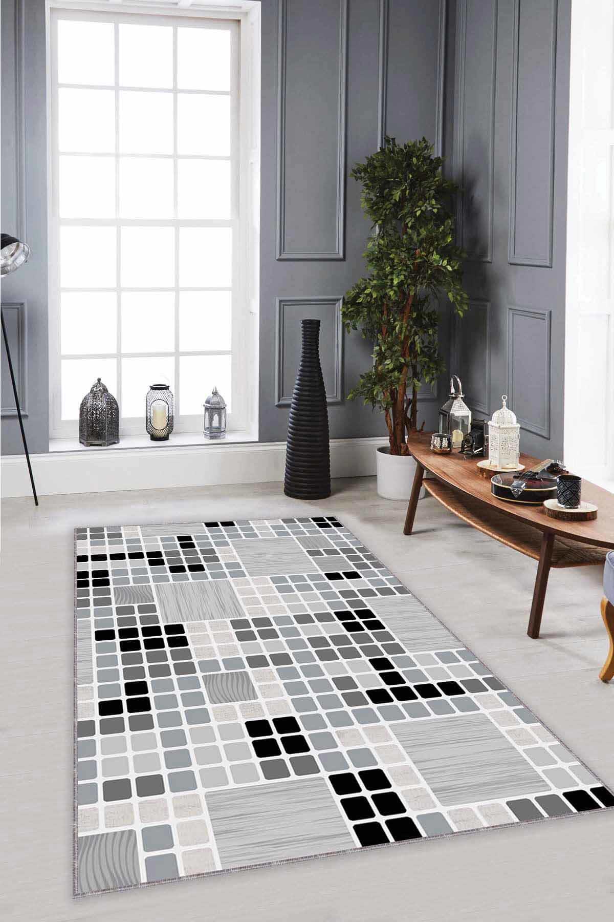 Viva Home PUZ01 Gri 7 mm Mikropolyester Toz Tutmaz Yıkanabilir İnce Kaymaz Dot Taban Geometrik Dikdörtgen Makine Dokuma Salon Halısı 80x300 cm