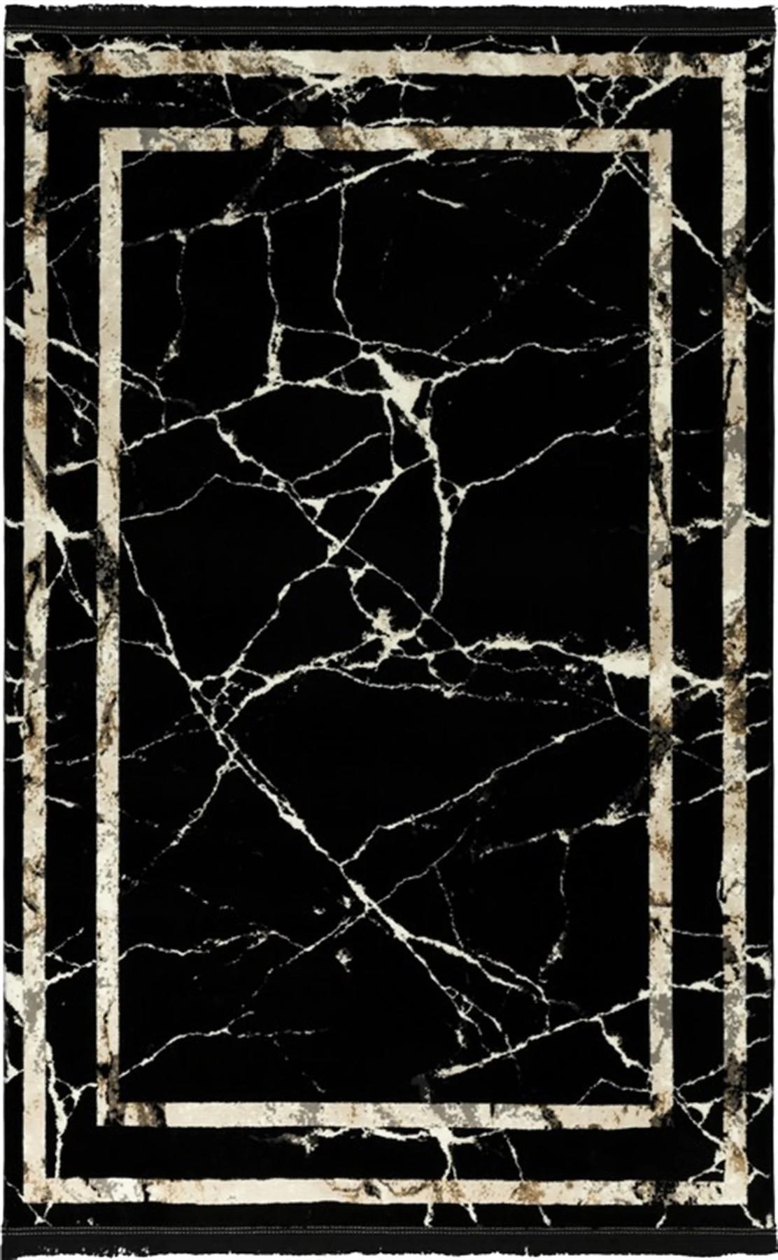 Tuğra Halı Astoria 10907 Siyah 12 mm Polyester Yıkanabilir Orta Mermer Desenli Dikdörtgen Makine Dokuma Salon Halısı 120x200 cm