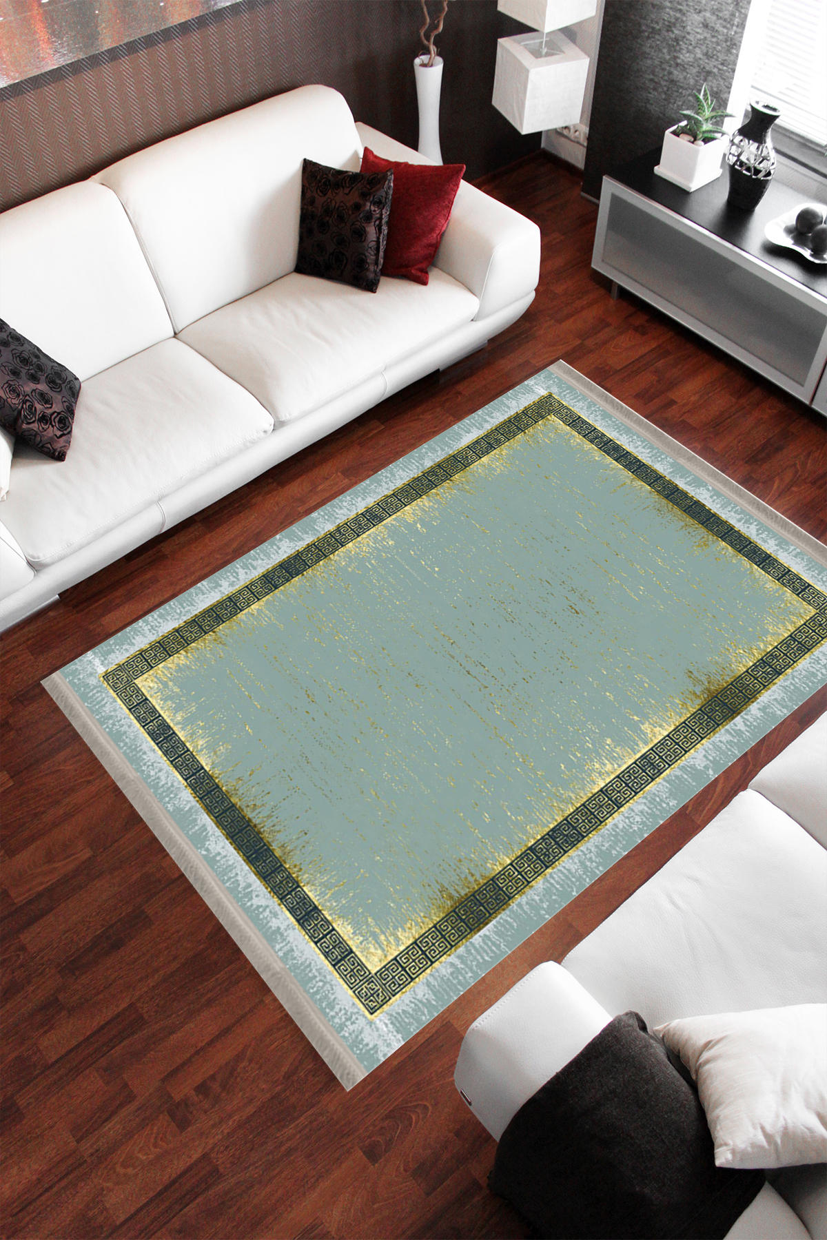 Homier Collection H-DK-5181A Altın-Yeşil 7 mm Pamuk Antibakteriyel Yıkanabilir Orta Kaymaz Dot Taban Dikdörtgen Makine Dokuma Salon Halısı 100x150 cm