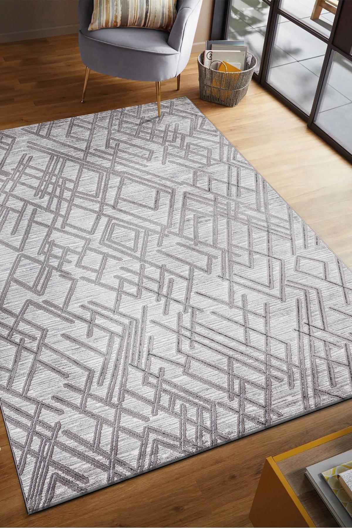 Şehrazat Home 1720 Gri 0.9 mm Polyester Antibakteriyel Yıkanabilir İnce Kaymaz Dikdörtgen Makine Dokuma Salon Halısı 160x230 cm