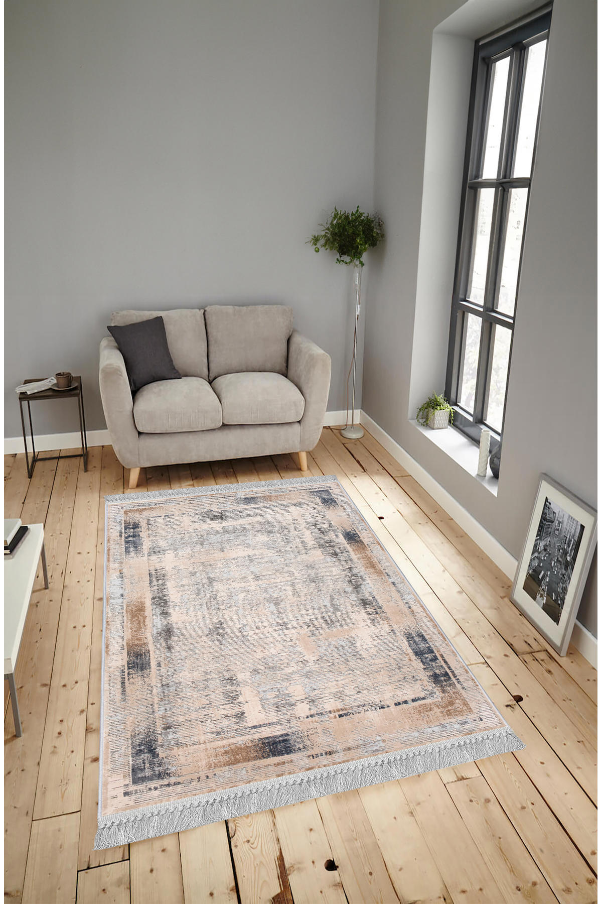 Artizon ART235 Bej 0.8 mm Polyester Toz Tutmaz Yıkanabilir İnce Kaymaz Dot Taban Dikdörtgen Makine Dokuma Salon Halısı 230x230 cm