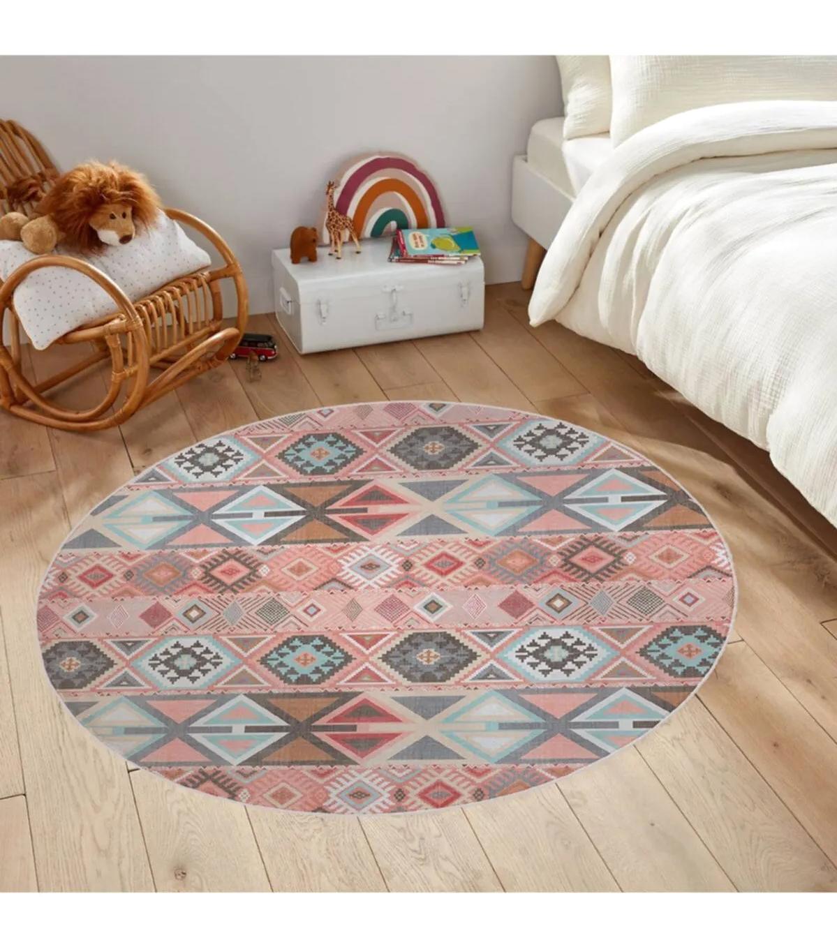 Rovigo Home RVG7159 Çok Renkli 8 mm Polyester Antibakteriyel-Leke Tutmaz-Toz Tutmaz Yıkanabilir İnce Kaymaz Dot Taban Yuvarlak Makine Dokuma Salon Halısı 100x200 cm