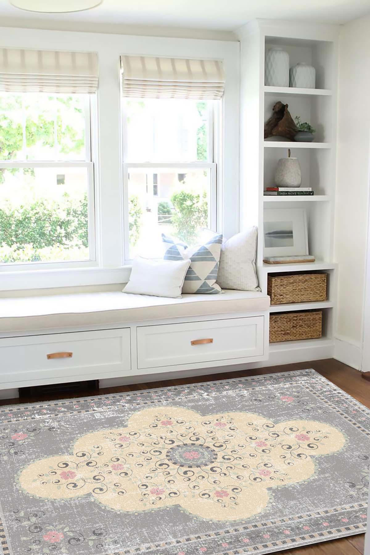 Latte Dizayn Madisen Krem 0.8 mm Pamuk Antibakteriyel Yıkanabilir İnce Kaymaz Pamuk Taban Dikdörtgen Makine Dokuma Salon Halısı 160x350 cm