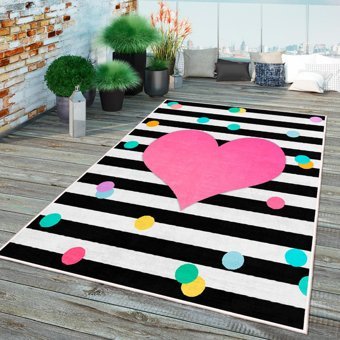 Homefesto Krem 5 mm Polyester Leke Tutmaz Yıkanabilir İnce Kaymaz Taban Kalp Desenli Dikdörtgen Makine Dokuma Salon Halısı 80x180 cm