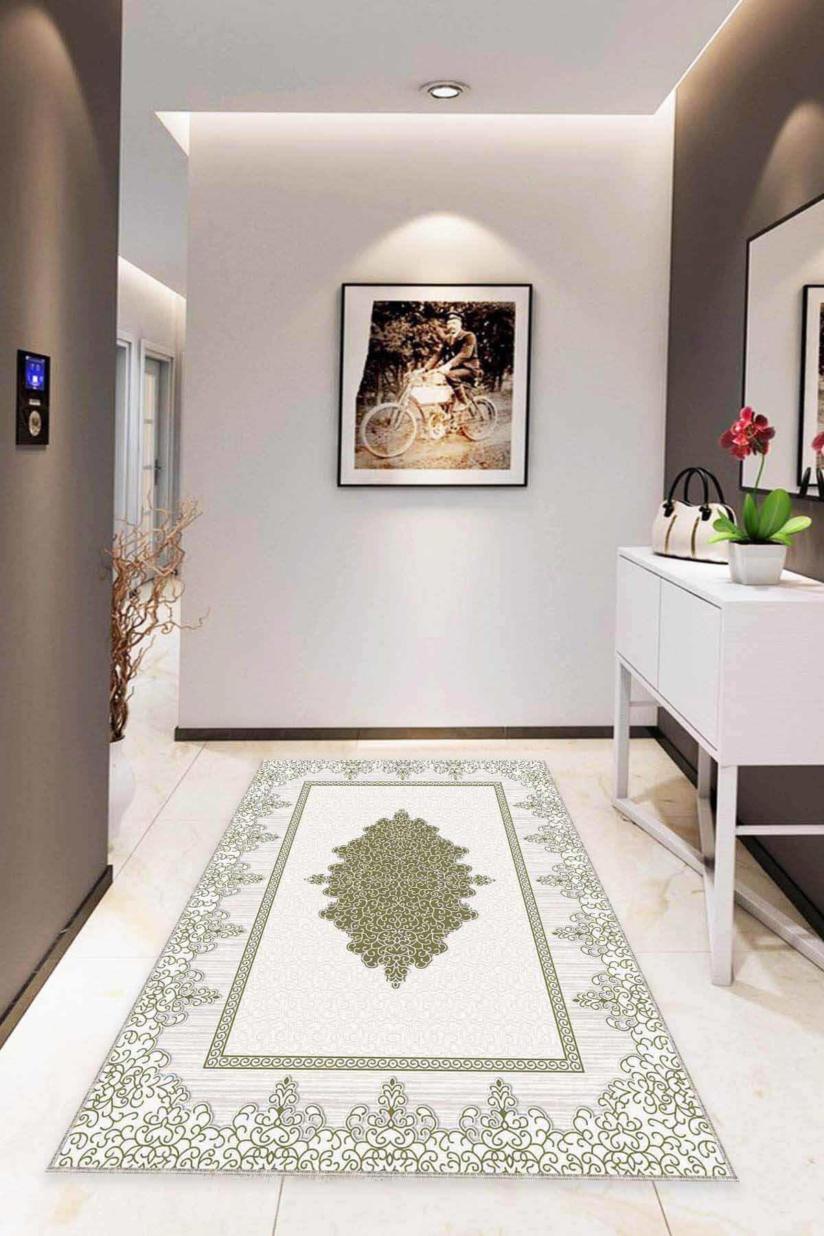 Viva Home MK77 Yeşil 7 mm Mikropolyester Yalıtıma Yardımcı Yıkanabilir İnce Kaymaz Taban Dikdörtgen Makine Dokuma Antre-Salon-Yatak Odası Halısı 160x230 cm