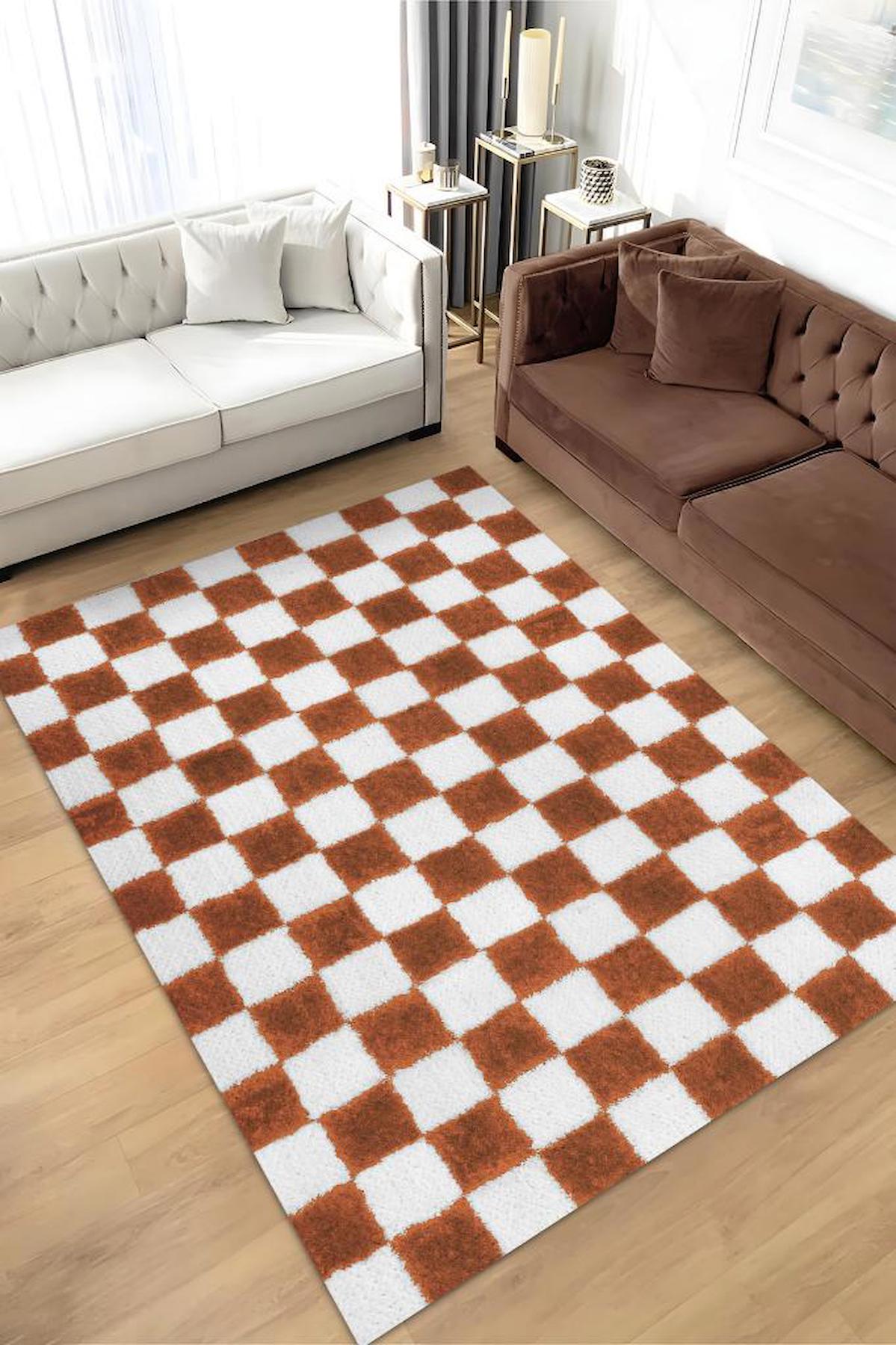 Homshtag Beyaz Kahverengi 4 mm Pamuk Antistatik Yıkanabilir İnce Kaymaz Dikdörtgen Makine Dokuma Salon Halısı 100x200 cm