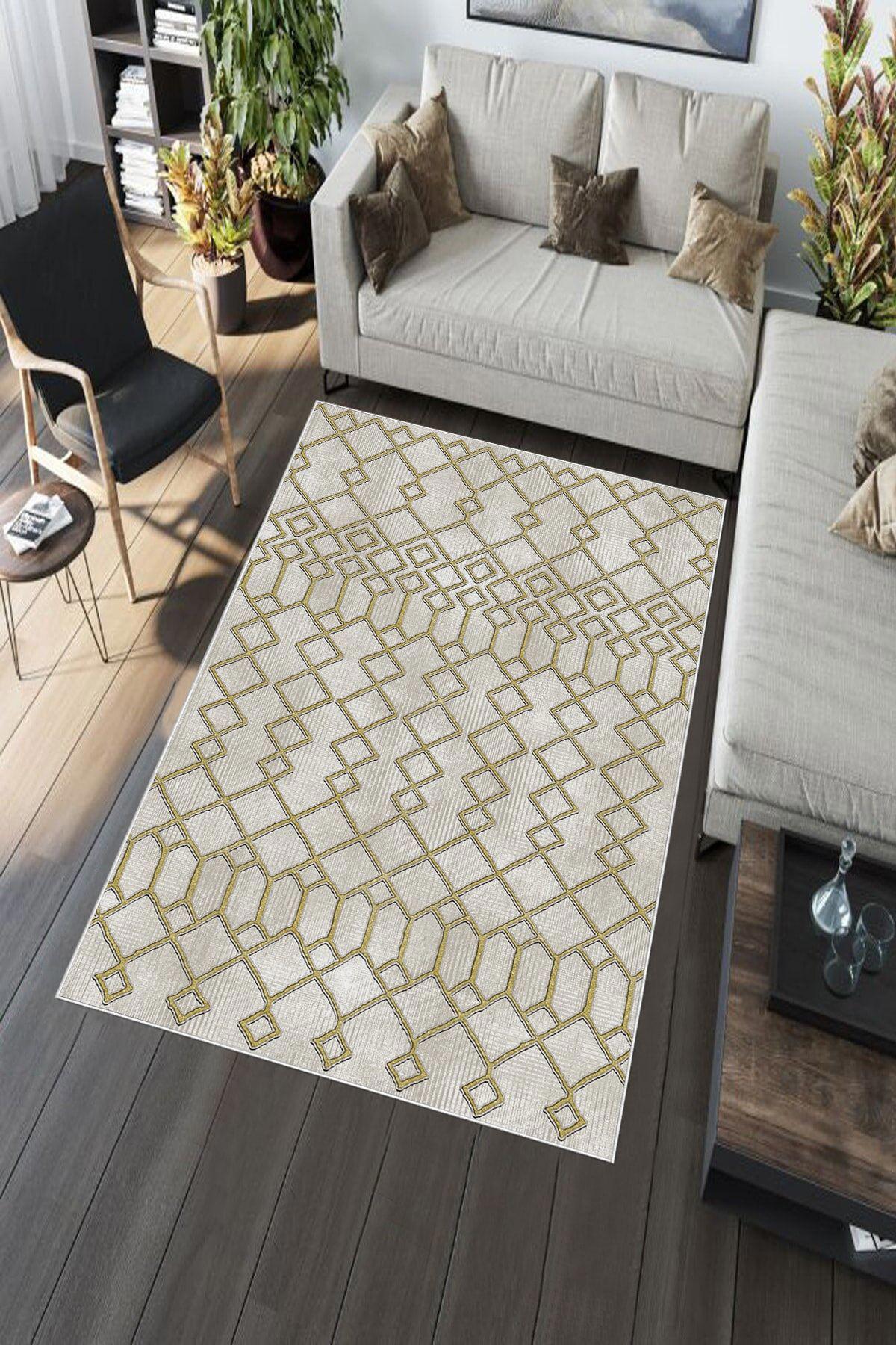 Aldora A253 Altın 9 mm Deri Antibakteriyel Yıkanabilir İnce Kaymaz Deri Taban Geometrik Dikdörtgen Makine Dokuma Salon Halısı 150x230 cm