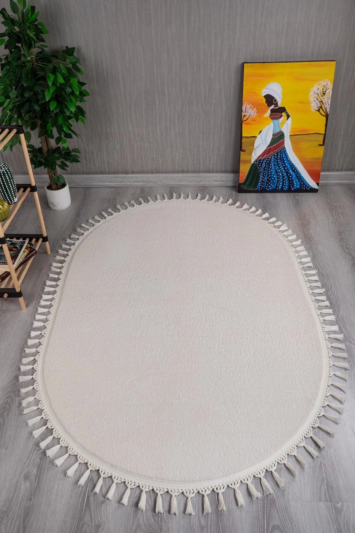 Orkide Home Krem 10 mm Polyester Yıkanabilir İnce Kaymaz Jel Taban Oval Makine Dokuma Salon Halısı 160x230 cm